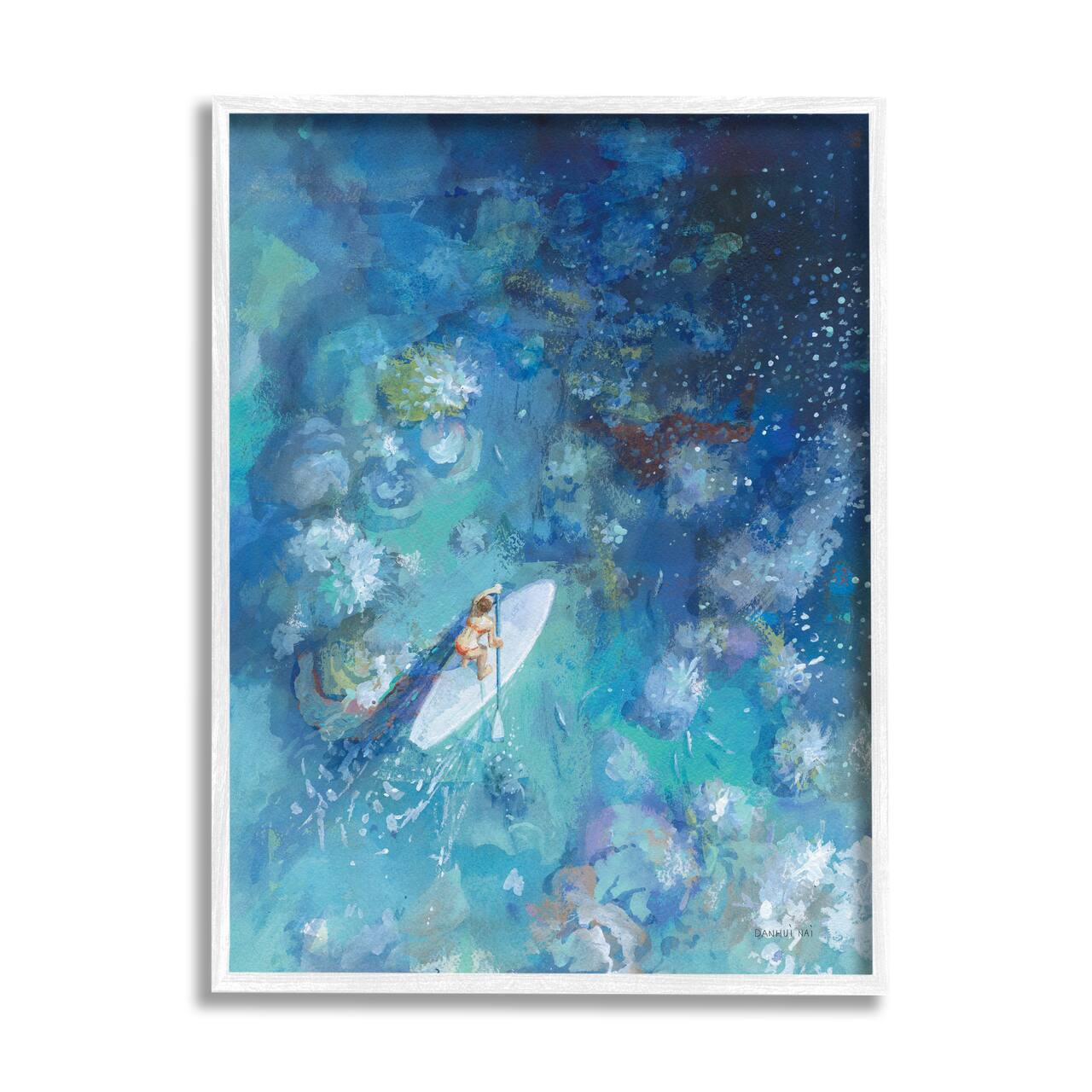 Stupell Industries Paddle Board Ocean Reef Tropical Scene Female Surfer Framed Wall Art